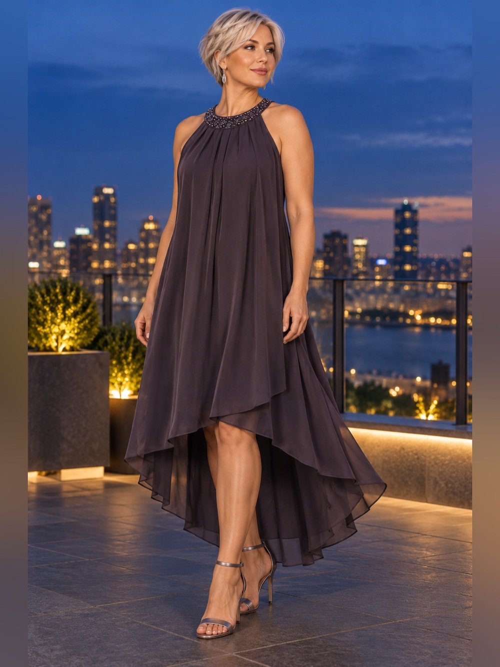 Onyx Night Elegant Chiffon Beaded High-Low Dress - deep plum